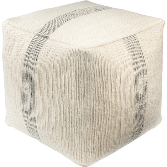 Wheeler Pouf by Surya in off-white, ash, light silver, light grey. Made from top: 100% wool, bottom: 100% cotton, fill: polybeads, fill: 100% polybeads in a modern style.