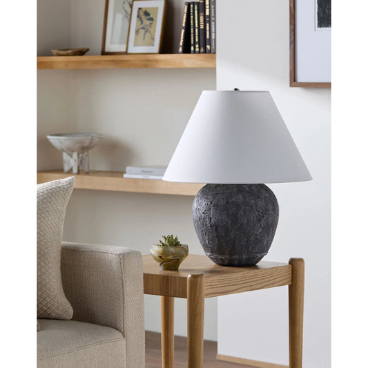 Wairaki Accent Table Lamp by Surya in white, black, metallic gold, translucent. Made from cement, linen, polyester in a modern style.