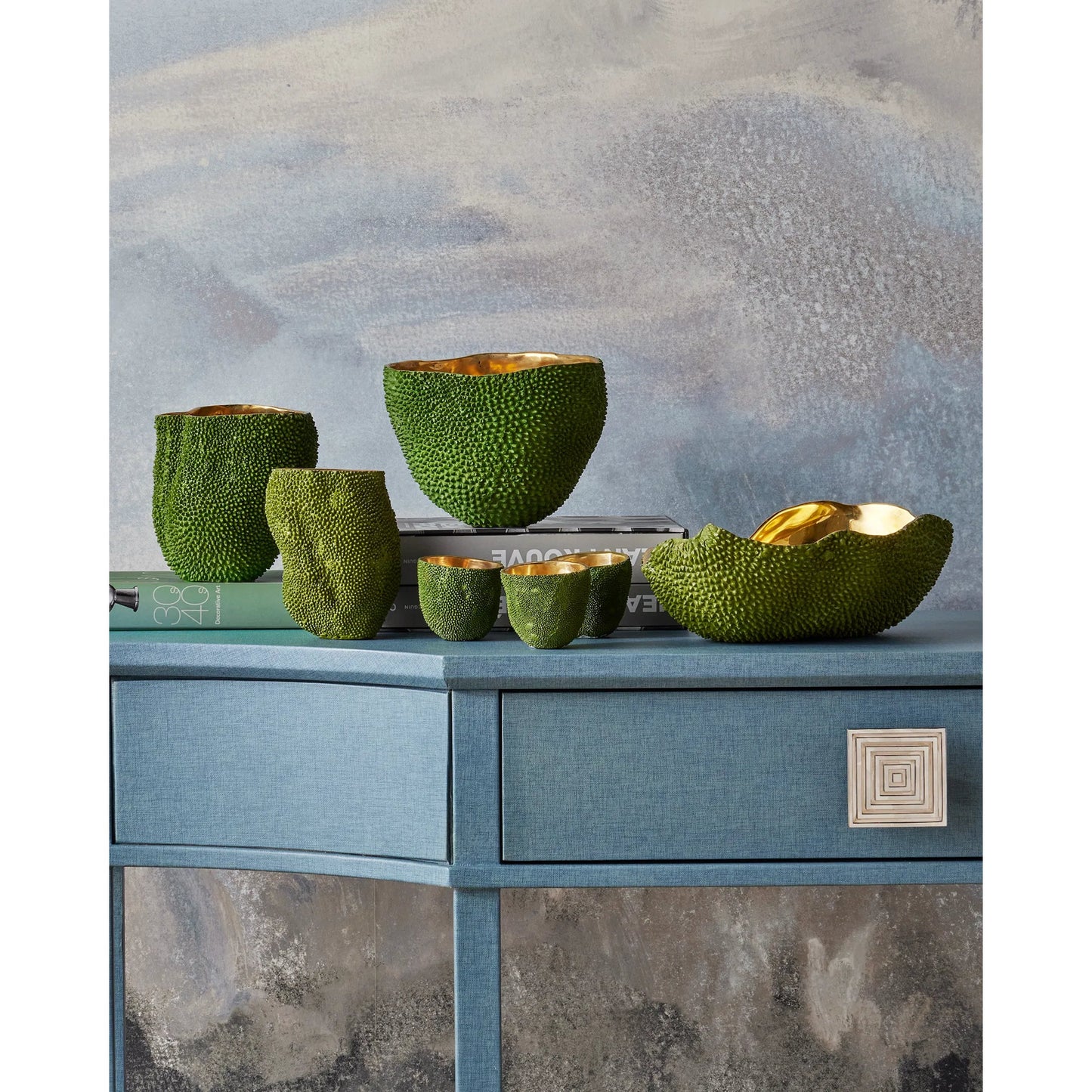 006 SI-1998769 | Lifestyle | Jackfruit Oval Bowl by Currey and Company in green, gold. Made from bronze in a modern style.