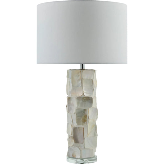 Walvis Accent Table Lamp by Livabliss in body: cream, clear; base: clear; shade: white; finial: clear; harp: metallic - nickel; cord: translucent and plated, inlaid, translucent. Made from shell, crystal, linen, polyester in