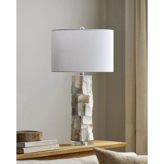 Walvis Accent Table Lamp by Livabliss in body: cream, clear; base: clear; shade: white; finial: clear; harp: metallic - nickel; cord: translucent and plated, inlaid, translucent. Made from shell, crystal, linen, polyester in a