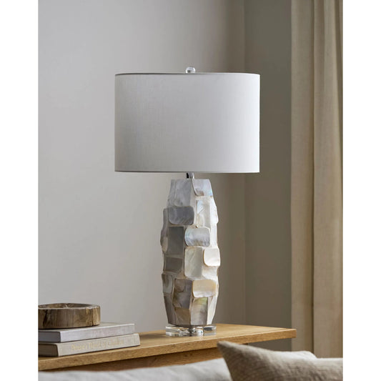 Walvis Rounded Accent Table Lamp by Livabliss in body: cream, clear; base: clear; shade: white; finial: clear; harp: metallic - nickel; cord: translucent and plated, inlaid, translucent. Made from shell, crystal, linen, polyest