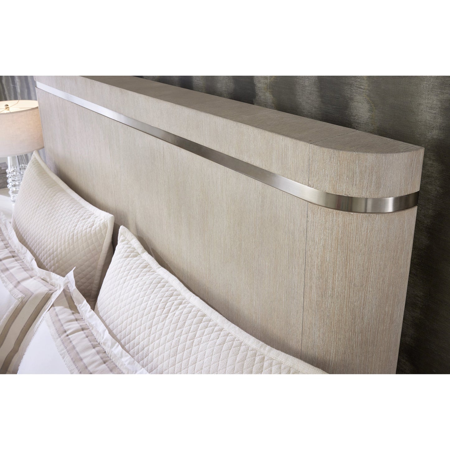 005 SI-2133681,SI-2133683,SI-2133685 | Closeup | Modern Mood Panel Bed by Hooker Furniture. Made from oak veneers, metal in a modern style.