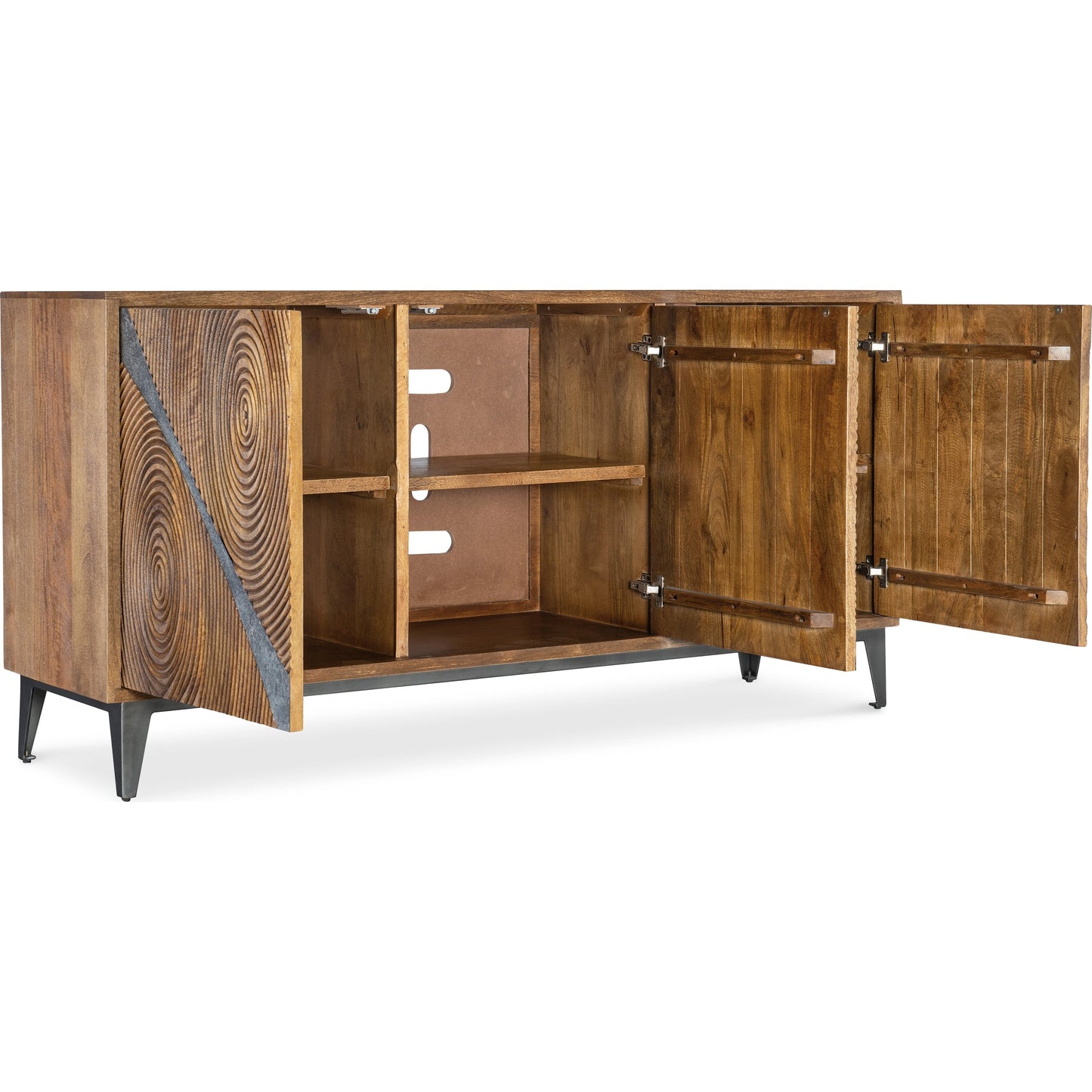 002 SI-2133790 | Additional Silo | Commerce & Market Vortex Credenza by Hooker Furniture in medium wood, gray slate. Made from mango solids, iron in a unique style.