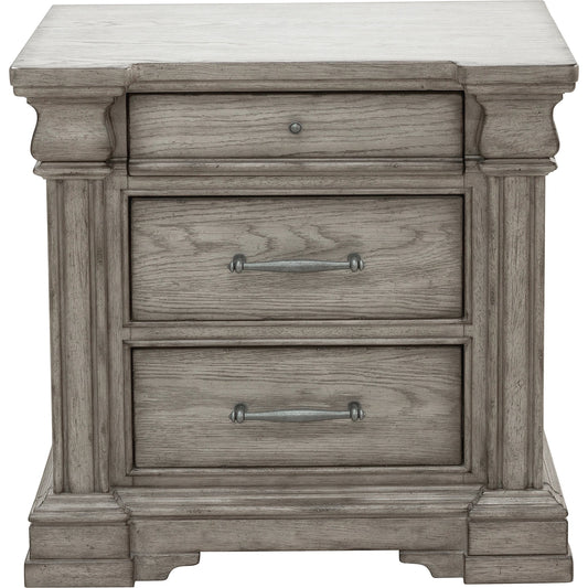 Madison Ridge Nightstand by Pulaski Furniture in bluff grey. Made from asian hardwood, oak veneers in a traditional style.