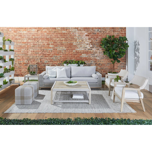 Wrap Square Coffee Table by Essentials For Living in gray teak, taupe, white flat rope. Made from solid teak wood, 100% polyolefin rope in a coastal style.