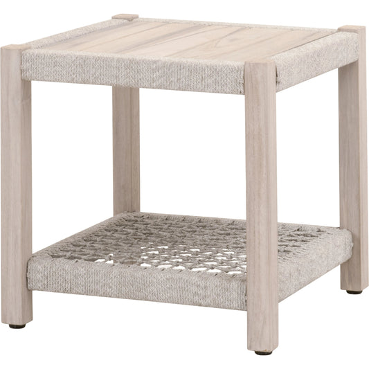 Wrap End Table by Essentials For Living in gray teak, taupe, white flat rope. Made from solid teak wood, 100% polyolefin rope in a coastal style.