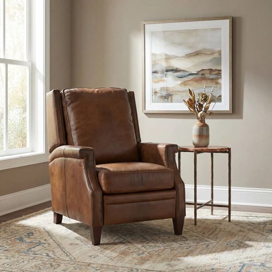 Collin Manual Push Back Recliner by Hooker Furniture in checkmate pawn. Made from leather in a traditional style.