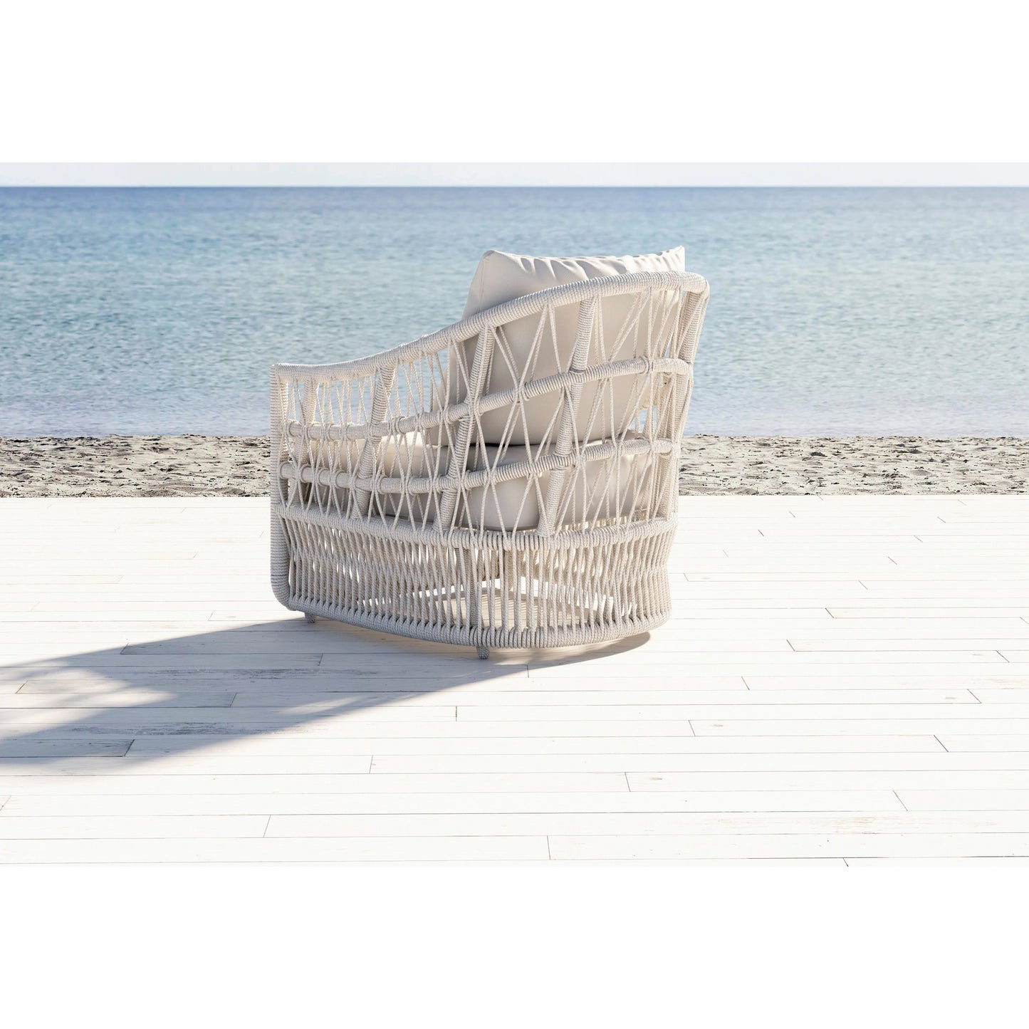 006 SI-2167043 | Lifestyle | Dana Outdoor Rope Club Chair in Linen Canvas by Sunset West in natural. Made from olefin rope in a coastal style.