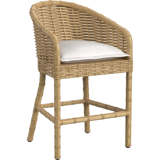 Playa Outdoor Barstool by Sunset West in medium wood. Made from resin wicker in a rustic style.