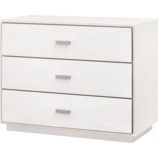Wynn Shagreen Nightstand by Essentials For Living in pearl shagreen, brushed stainless steel. Made from faux shagreen resin, solid rubberwood, plywood, mdf, stainless steel in a modern style.