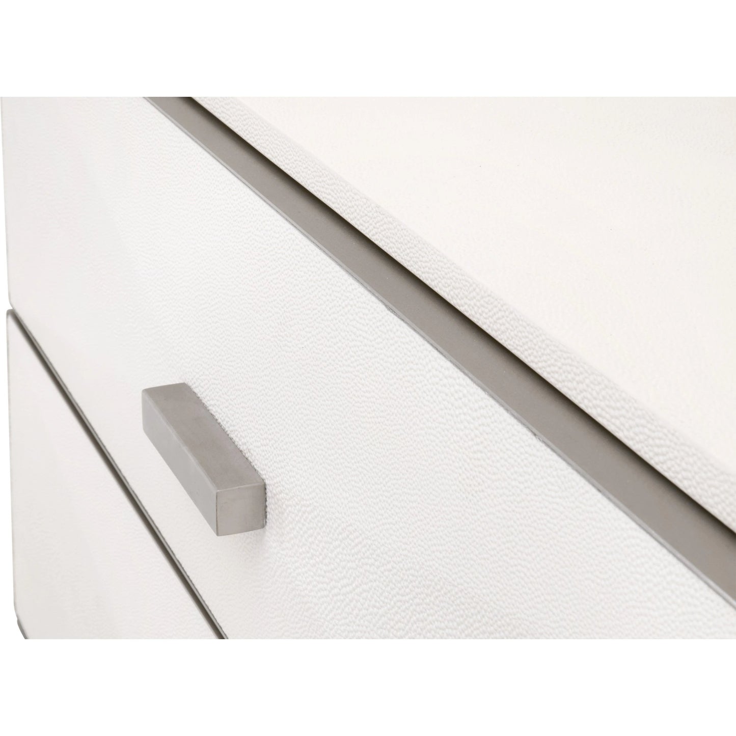 003 SI-2138274 | Closeup | Wynn Shagreen Nightstand by Essentials For Living in pearl shagreen, brushed stainless steel. Made from faux shagreen resin, solid rubberwood, plywood, mdf, stainless steel in a modern style.