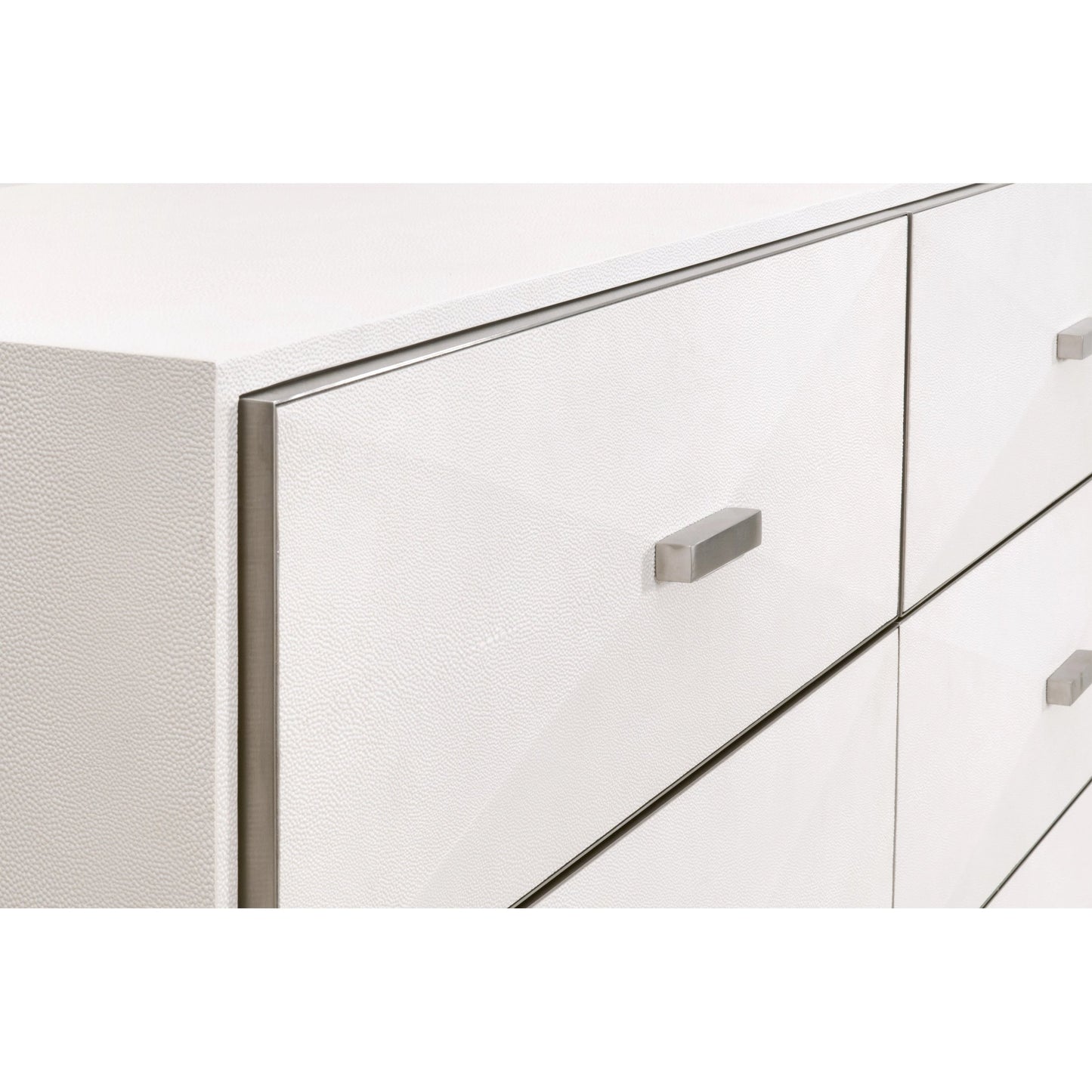 006 SI-2138273 | Closeup | Wynn Shagreen Double Dresser by Essentials For Living in pearl shagreen, brushed stainless steel. Made from faux shagreen resin, solid rubberwood, plywood, mdf, stainless steel in a modern style.
