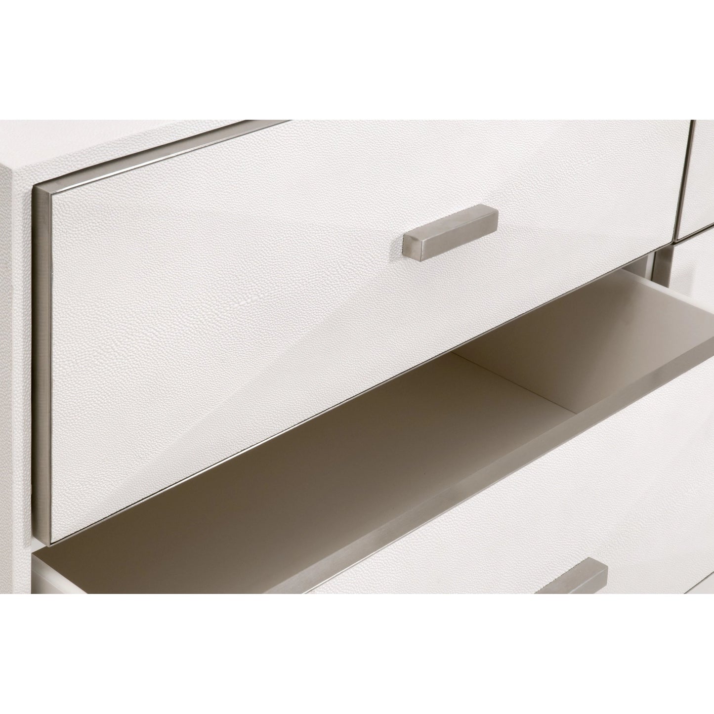 007 SI-2138273 | Closeup | Wynn Shagreen Double Dresser by Essentials For Living in pearl shagreen, brushed stainless steel. Made from faux shagreen resin, solid rubberwood, plywood, mdf, stainless steel in a modern style.