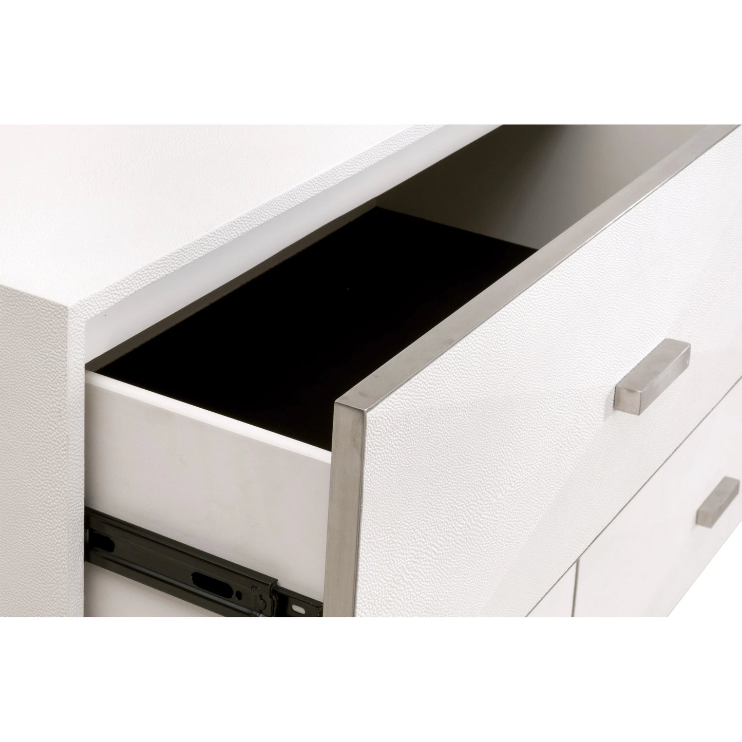 008 SI-2138273 | Closeup | Wynn Shagreen Double Dresser by Essentials For Living in pearl shagreen, brushed stainless steel. Made from faux shagreen resin, solid rubberwood, plywood, mdf, stainless steel in a modern style.