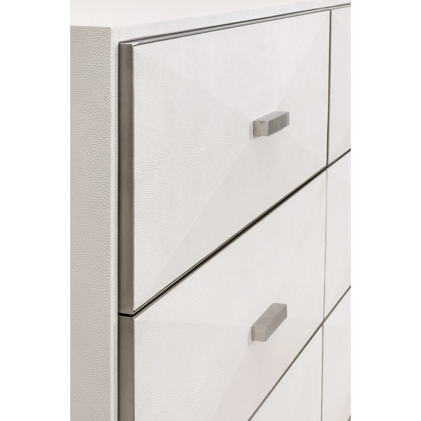009 SI-2138273 | Closeup | Wynn Shagreen Double Dresser by Essentials For Living in pearl shagreen, brushed stainless steel. Made from faux shagreen resin, solid rubberwood, plywood, mdf, stainless steel in a modern style.