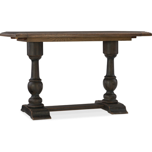 Balcones Friendship Table by Hooker Furniture in saddle brown, anthracite black. Made from white oak, walnut veneers with resin, cedar in a traditional style.