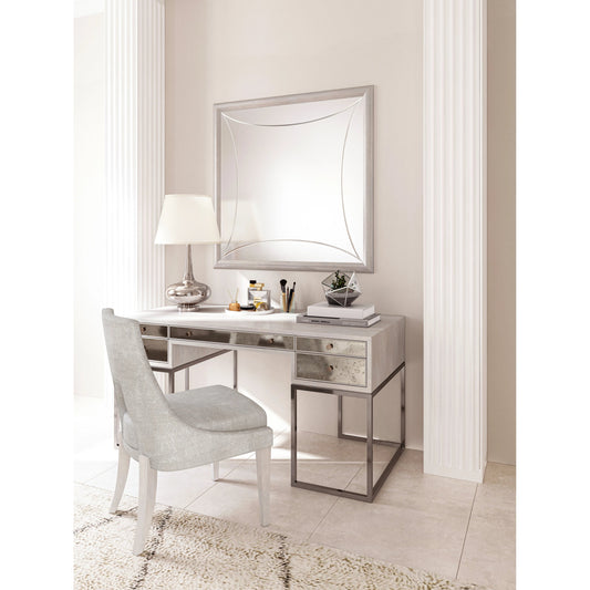 Mezzanine Writing Desk by A.R.T. Furniture in dove gray. Made from parawood, poplar solids, maple veneer, mirror, steel in a modern style.