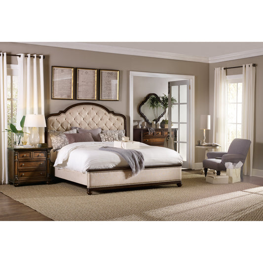Leesburg Upholstered Bed by Hooker Furniture in beige and mahogany, alabaster. Made from hardwoods with fabric, nailheads in a traditional style.