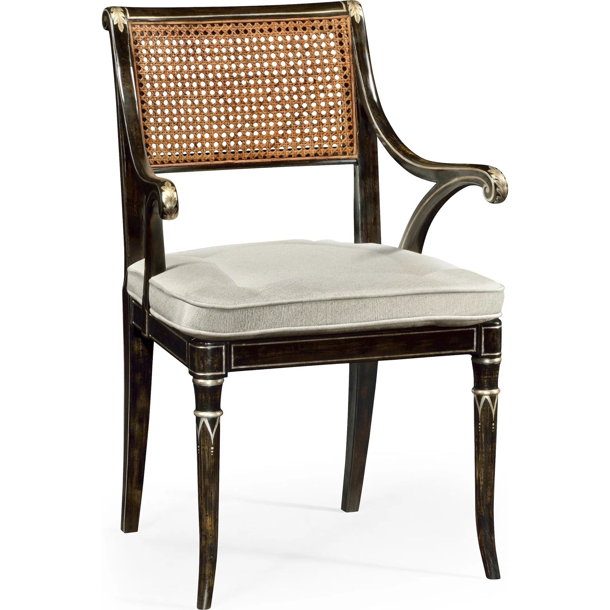 William Yeoward Linden Dining Arm Chair by Jonathan Charles in charcoal wash. Made from acacia, foam, fabric, cane in a traditional style.