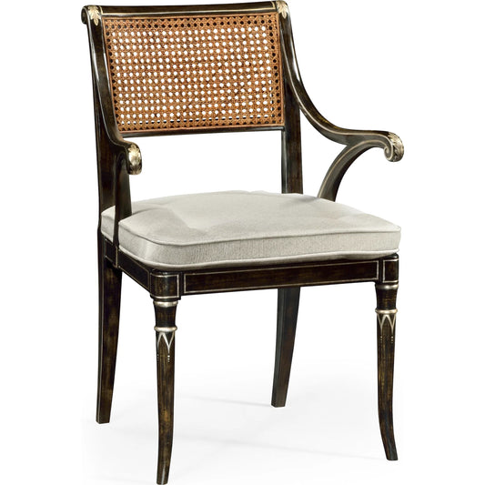 William Yeoward Linden Dining Arm Chair by Jonathan Charles in charcoal wash. Made from acacia, foam, fabric, cane in a traditional style.