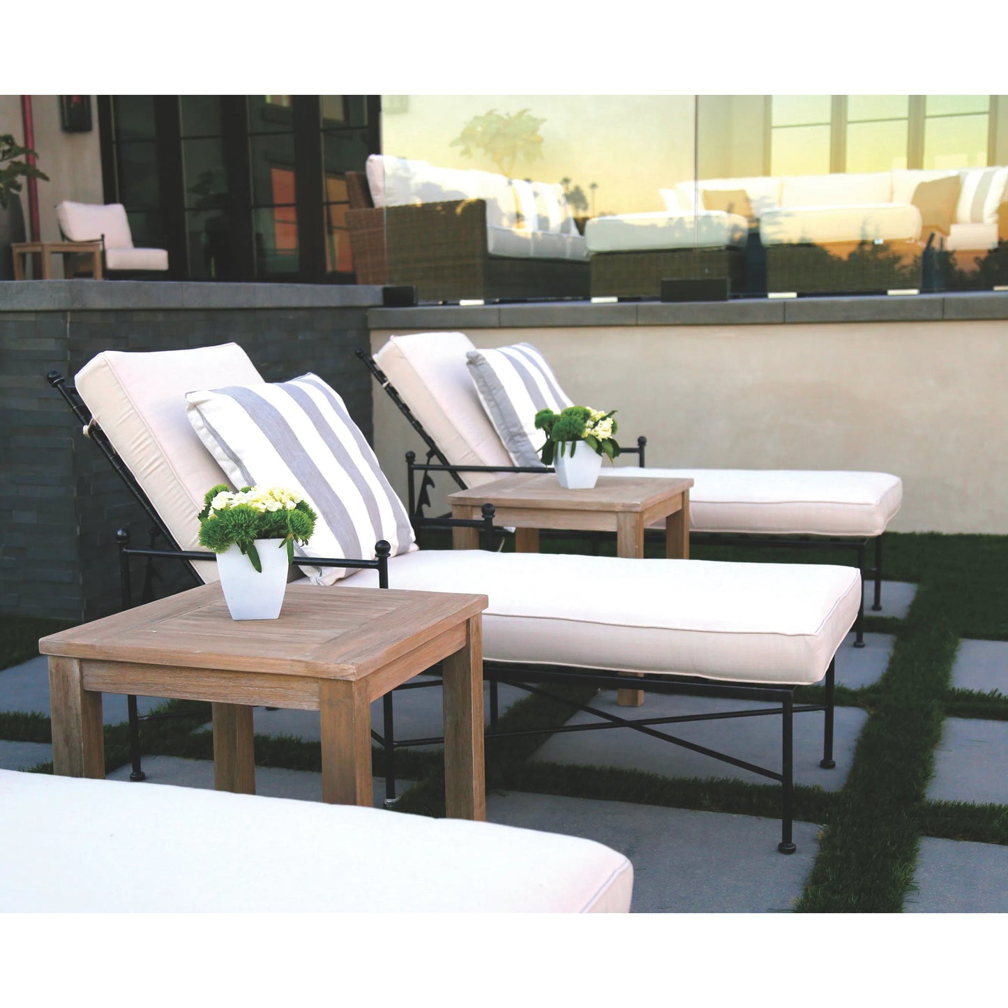 005 SI-2166921 | Lifestyle | Provence Outdoor Chaise Lounge by Sunset West in pewter. Made from wrought iron in a modern style.