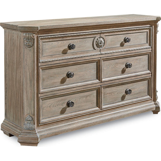 000 SR-881754 | Primary Silo | Arch Salvage Grayson Dresser by A.R.T. Furniture in brown and parch. Made from parrawood solids, cathedral elm veneers in a traditional style.