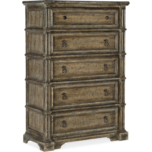 001 SI-1749065 | Primary Silo | La Grange Ross Prairie Five Drawer Chest by Hooker Furniture in wash off oak. Made from oak veneer, cedar, felt panel, solid-wood edge top in a traditional style.