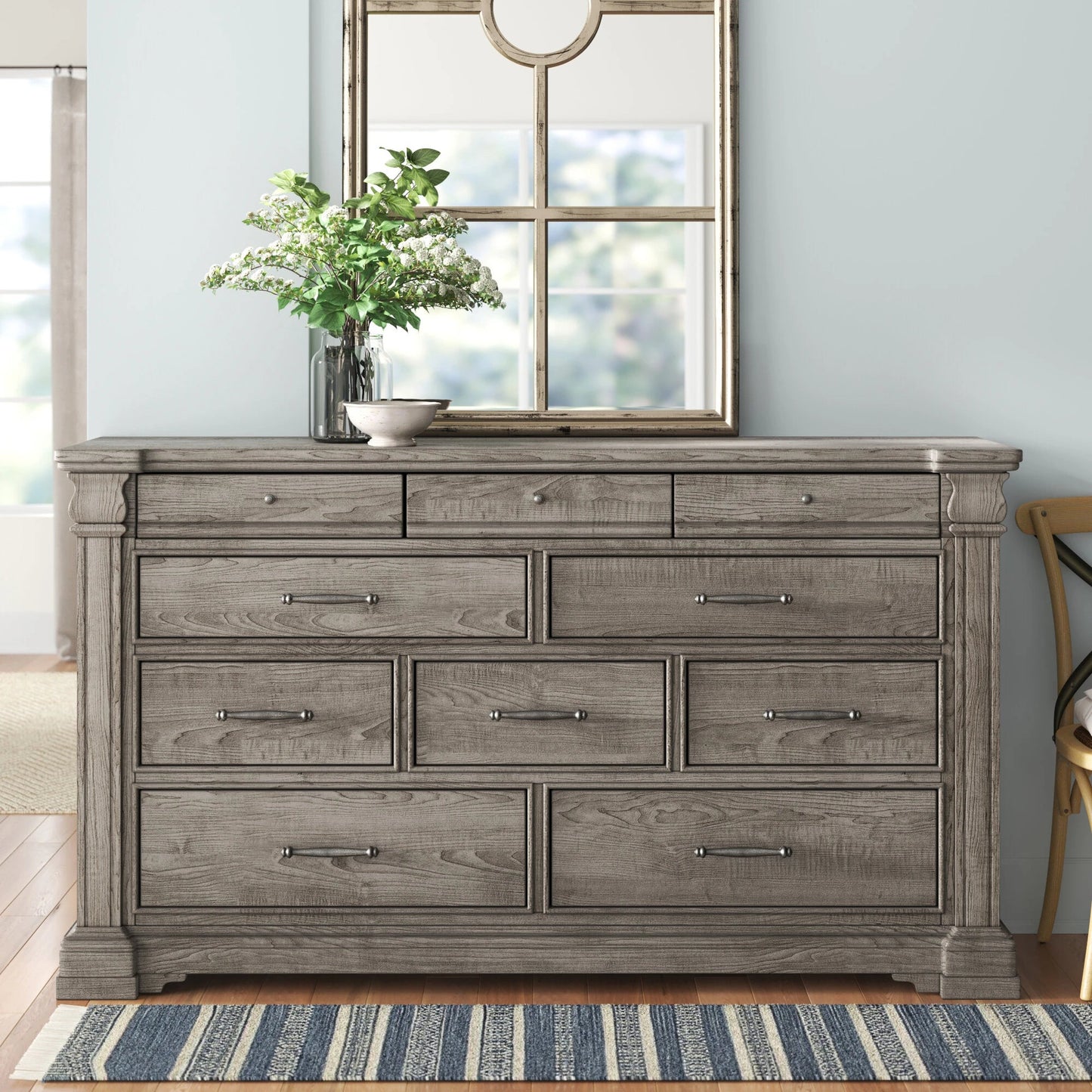 006 SI-2155607 | Lifestyle | Madison Ridge Dresser by Pulaski Furniture in bluff grey. Made from asian hardwood, oak veneers in a traditional style.
