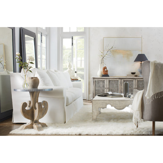 Flanders Cocktail Table by Hooker Furniture in grain sack white. Made from hardwoods, linen in a eclectic & global style.