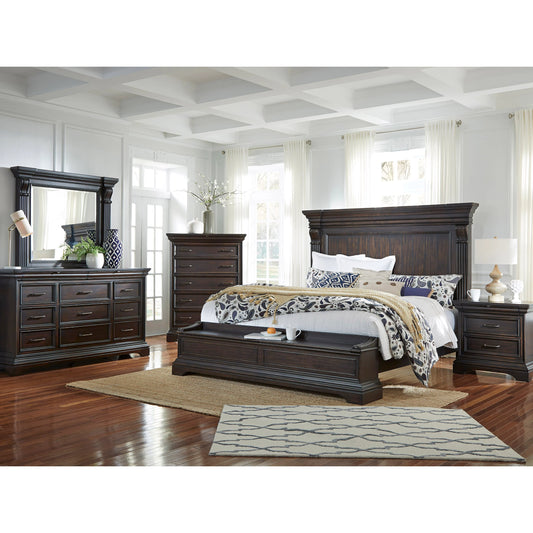 Caldwell Storage Bed by Pulaski Furniture in dark brown espresso. Made from acacia veneers, asian hardwood in a traditional style.