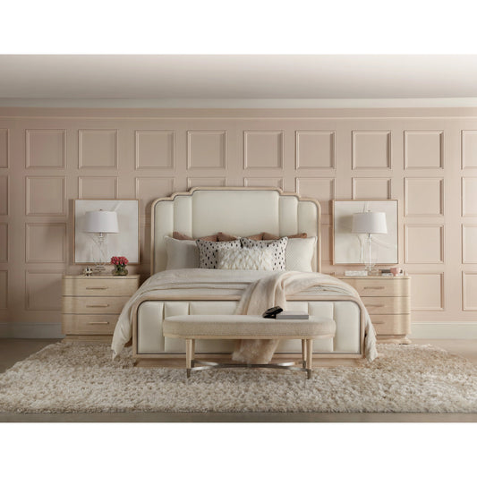 Nouveau Chic Upholstered Bed by Hooker Furniture in polished pearl and sandstone. Made from oak veneers, fabric in a modern style.