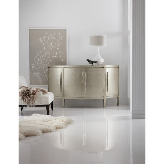 Amberly Credenza by Hooker Furniture in champagne silver leaf. Made from maple veneers, linen in a transitional style.