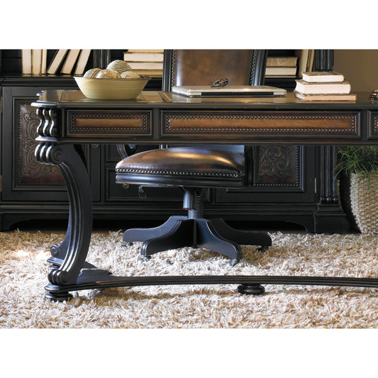Telluride Writing Desk by Hooker Furniture in black. Made from cherry veneers with leather, nailhead trim, high quality bonded leather in a traditional style.