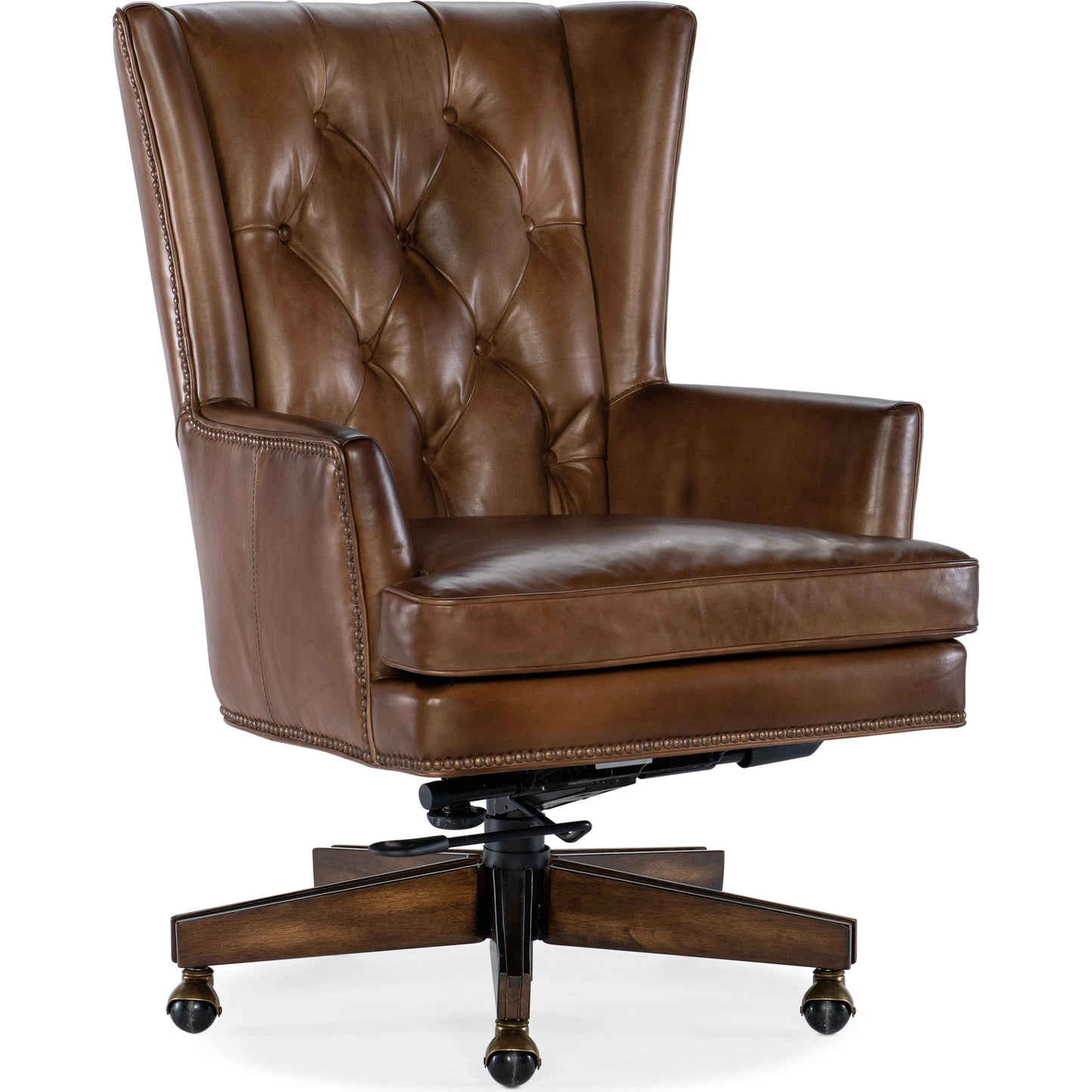 001 SI-2029066 | Additional Silo | Finley Executive Chair by Hooker Furniture in checkmate pawn and dark wood. Made from leather, checkmate pawn (aniline top grain) in a unique style.
