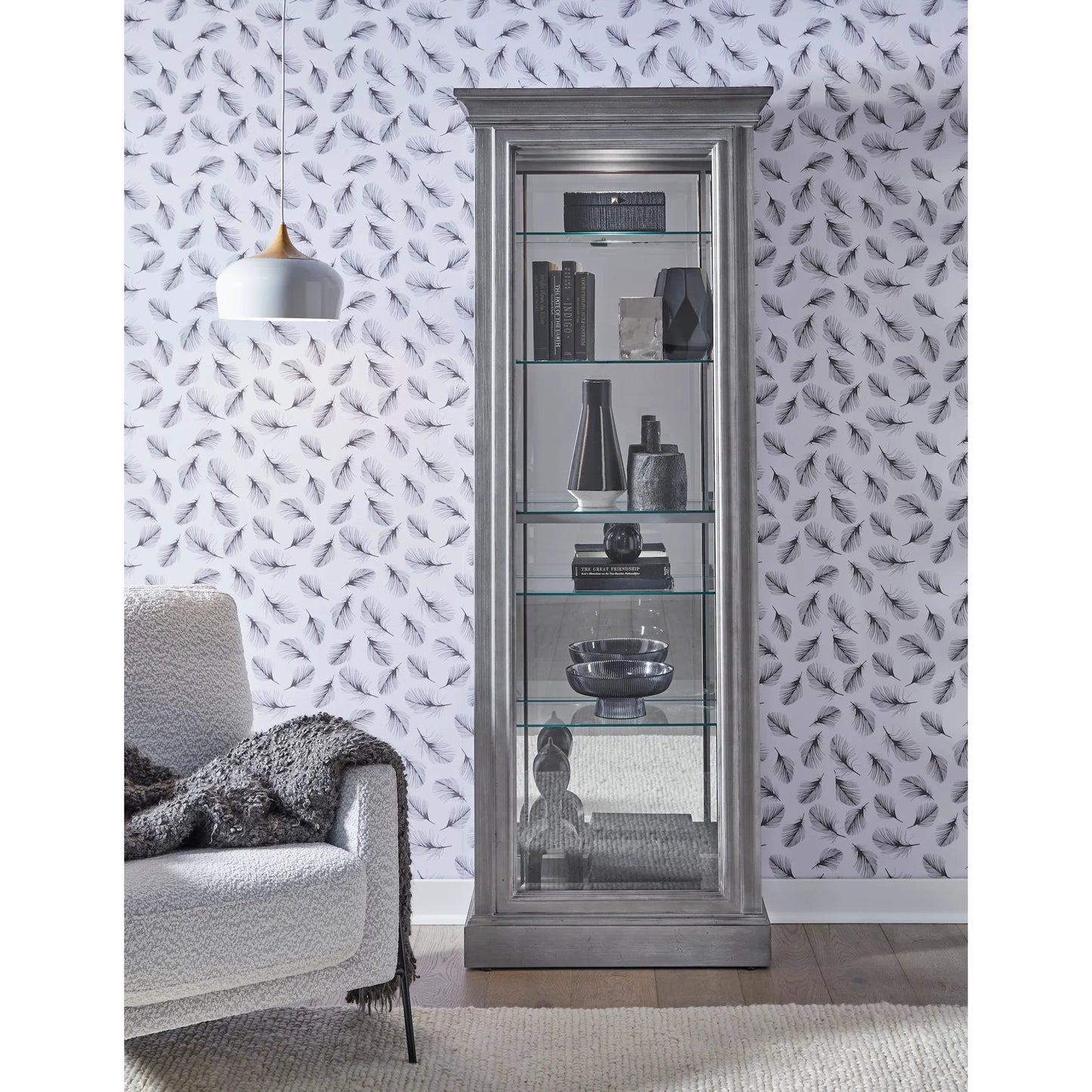 007 SI-2449335 | Lifestyle | Side Entry Accent Curio by Pulaski Furniture in gray. Made from birch wood in a transitional style.