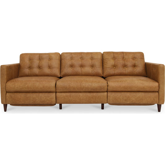 001 SI-2367921 | Primary Silo | Bridgers Power Recliner Sofa by Moe's Home Collection in tan leather. Made from upholstery: 100% top grain leather, high density foam, feather fill, solid red meranti wood frame, webbing seat, recliner: metal, okin motor in
