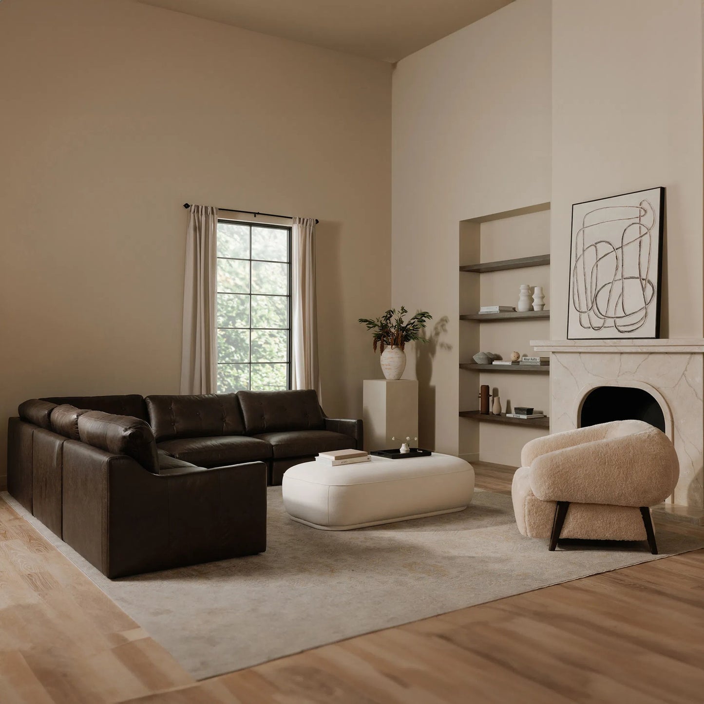 006 SI-2368389 | Lifestyle | Thurlow Corner Chair by Moe's Home Collection in espresso. Made from upholstery: 100% top grain leather, high density foam, feather fill, solid red meranti wood frame, webbing seat in a unique style.