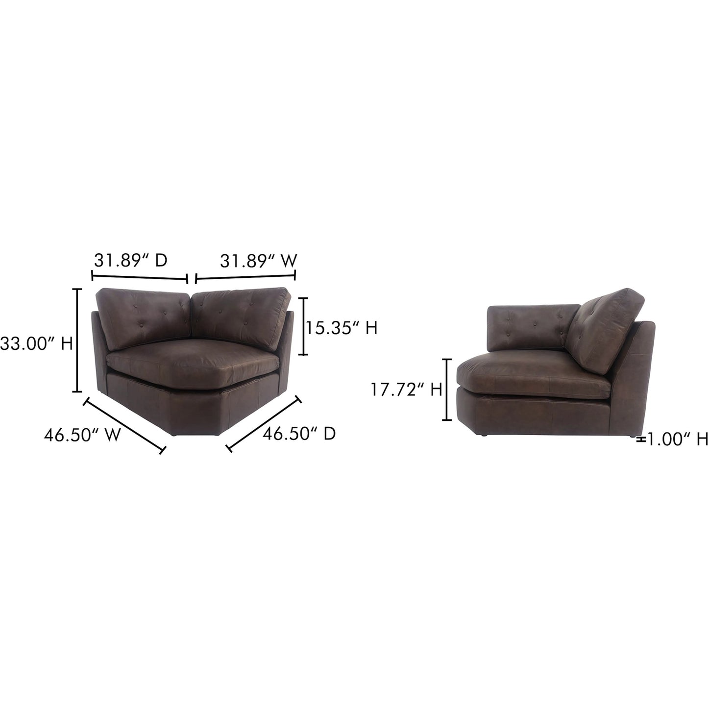 007 SI-2368389 | Lifestyle | Thurlow Corner Chair by Moe's Home Collection in espresso. Made from upholstery: 100% top grain leather, high density foam, feather fill, solid red meranti wood frame, webbing seat in a unique style.