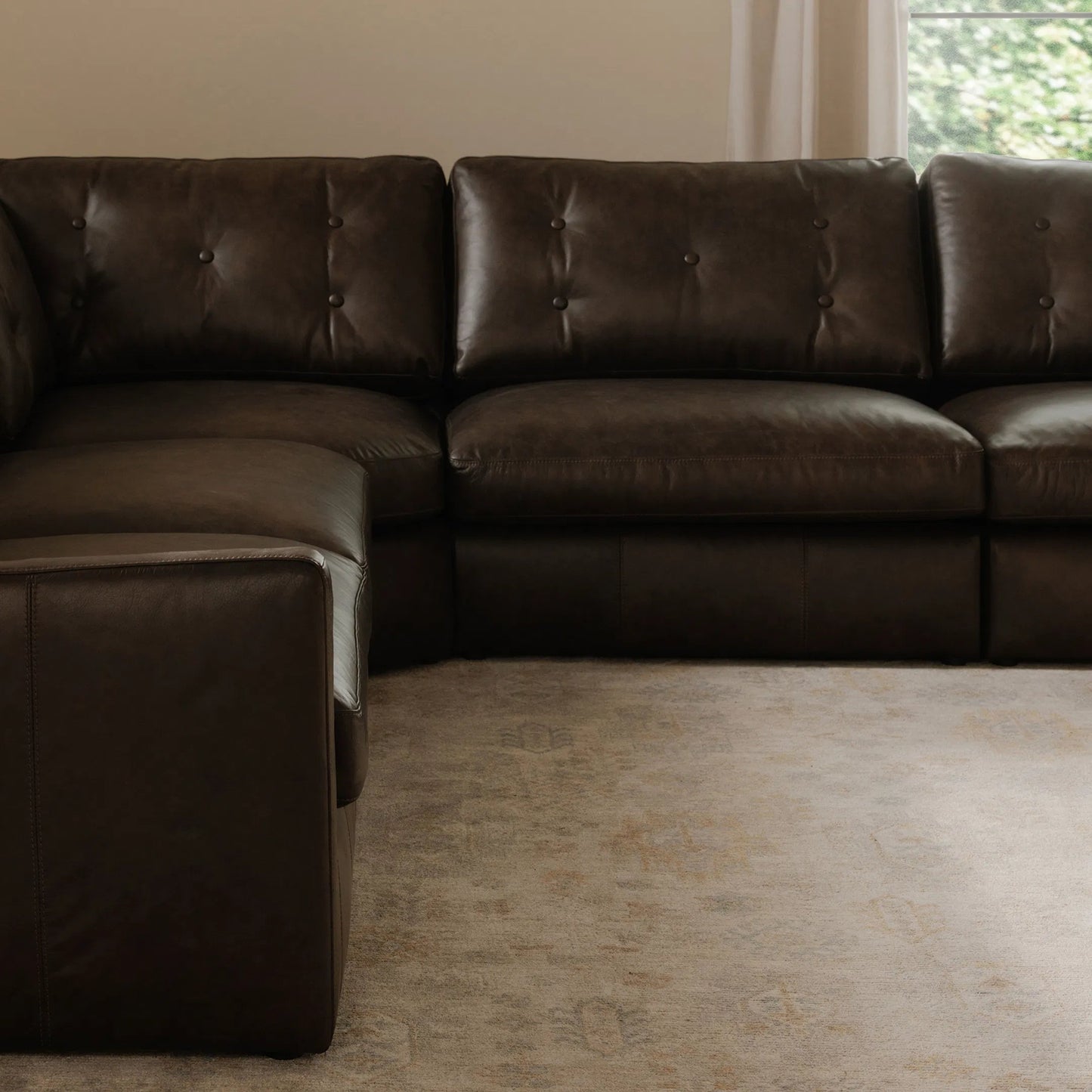 009 SI-2368387 | Lifestyle | Thurlow Arm Facing Sofa by Moe's Home Collection in espresso. Made from upholstery: 100% top grain leather, high density foam, feather fill, solid red meranti wood frame, webbing seat in a unique style.