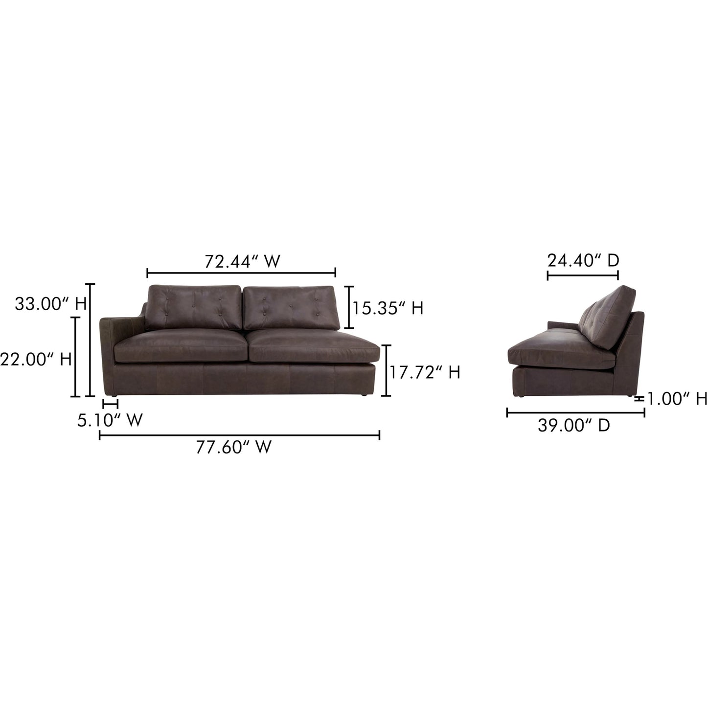 011 SI-2368387 | Lifestyle | Thurlow Arm Facing Sofa by Moe's Home Collection in espresso. Made from upholstery: 100% top grain leather, high density foam, feather fill, solid red meranti wood frame, webbing seat in a unique style.