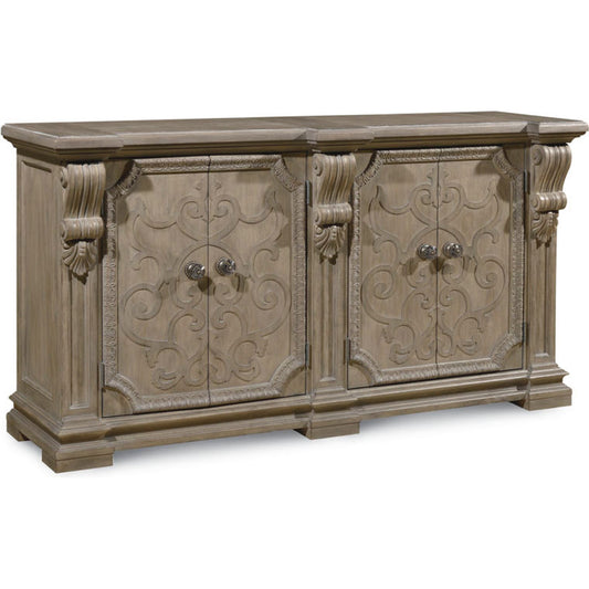 Arch Salvage Wren Buffet by A.R.T. Furniture in brown and parch. Made from parrawood solids, cathedral elm veneers in a traditional style.