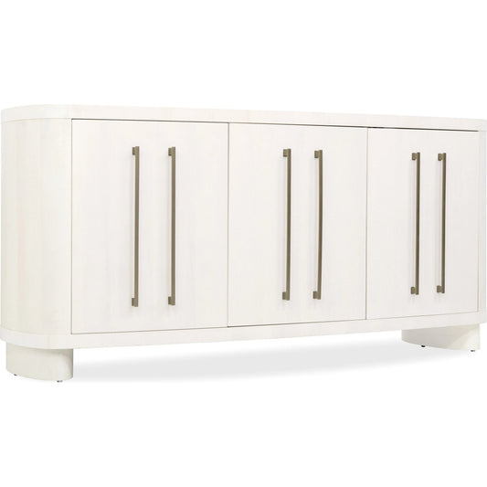 Melange Bar None Credenza by Hooker Furniture in white, maple veneers. Made from figured maple veneers, fabric, 82% polyester, 13% acrylic, 5% linen in a transitional style.