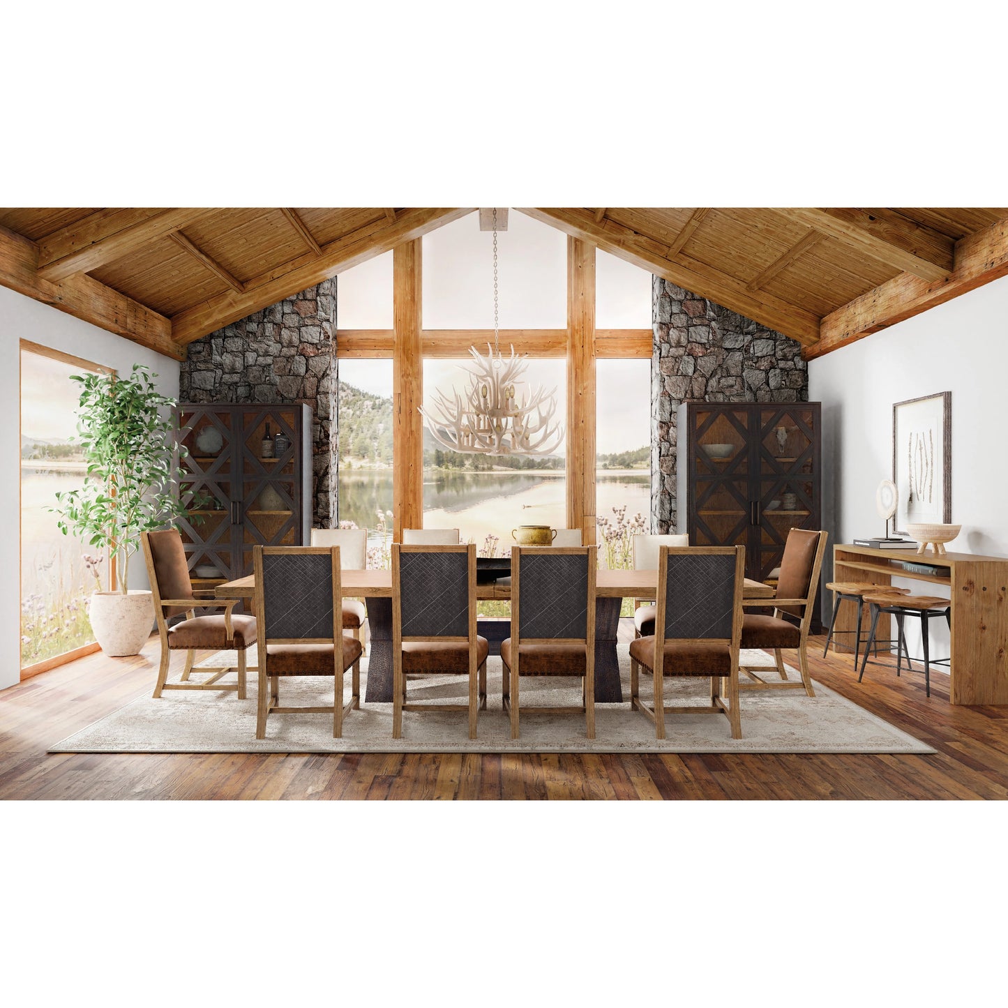 004 SI-1959527 | Lifestyle | Big Sky Padded Side Chair (Set of 2) by Hooker Furniture in brown and vintage natural, furrowed bark. Made from wood, fabric, leather, nailheads, resin, seville timber (aniline). in a traditional style.