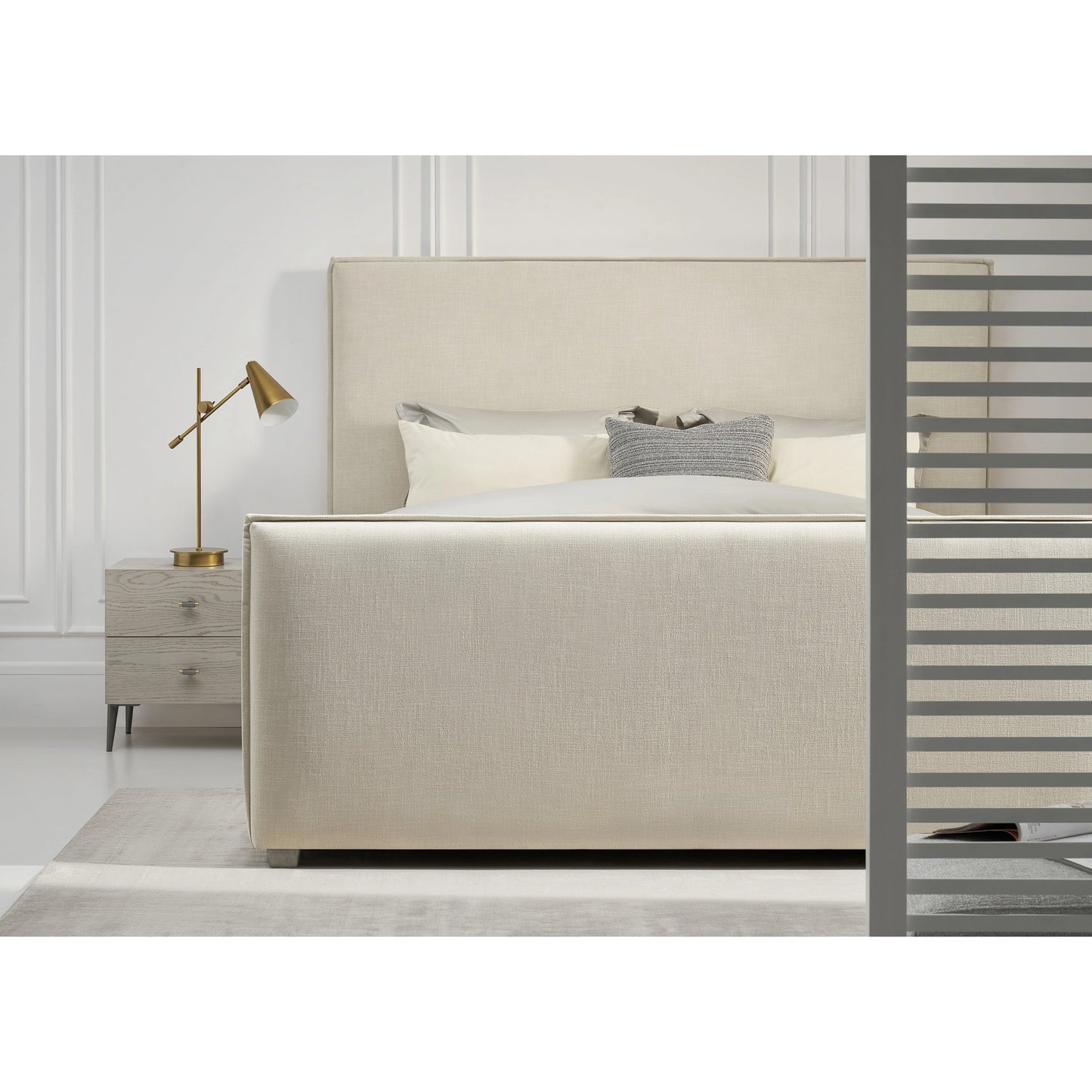 011 SI-2130653,SI-2130654 | Closeup | Zest Flanged Upholstered Bed by Zest in beige, flax and cream. Made from rubberwood, fabric in a modern style.