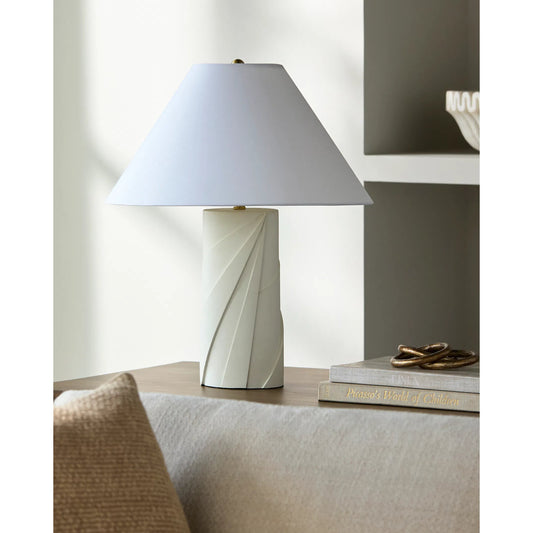 Xove Accent Table Lamp by Livabliss in white and hand painted. Made from concrete, cotton, iron in a transitional style.