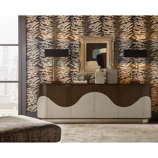 Commerce and Market Roll With It Four-Door Credenza by Hooker Furniture in dark wood and dark wood, white oak veneers, champagne colored metal. Made from white oak veneers, raffia in a unique style.