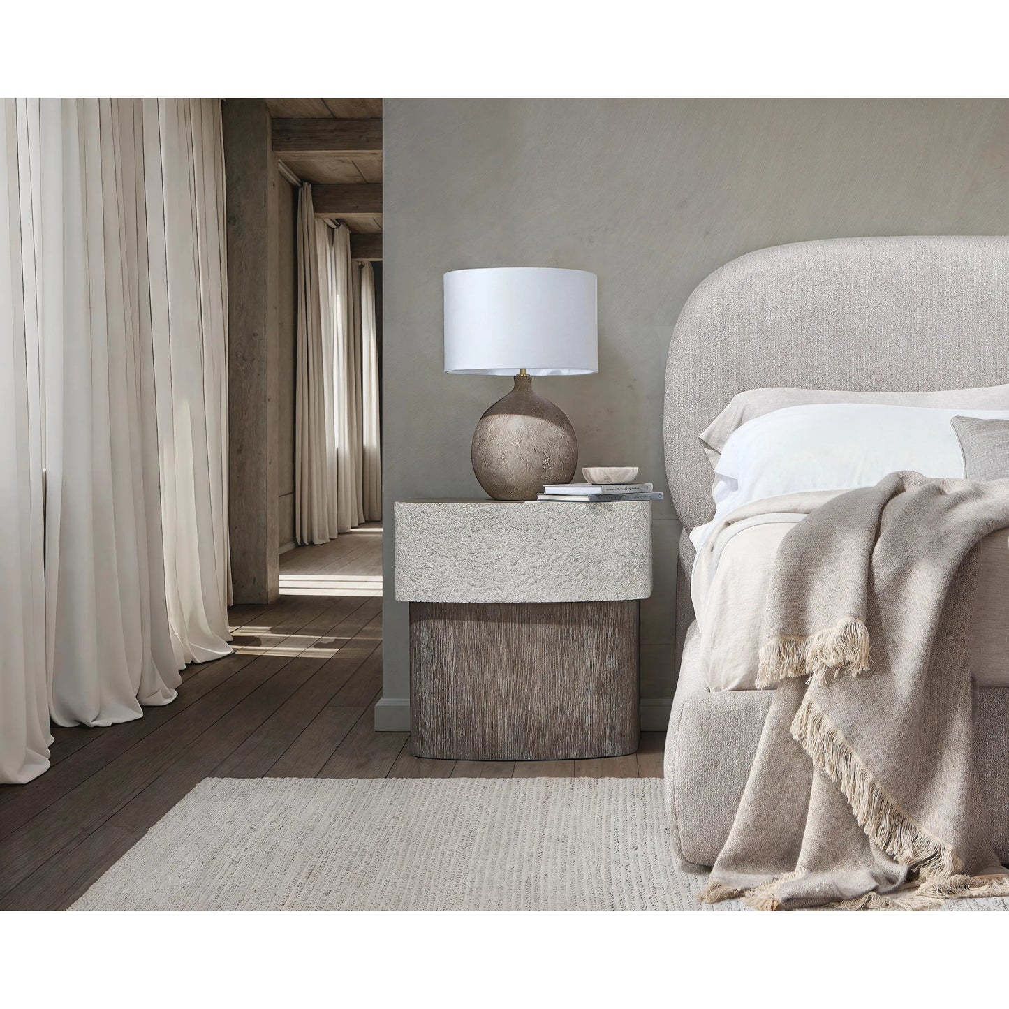 008 SI-2513387 | Lifestyle | Monolith Nightstand by Bernhardt in millstone, puma. Made from faux stone, wood in a transitional style.