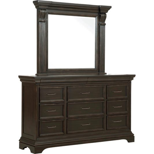 001 SI-2155451 | Primary Silo | Caldwell Dresser/Mirror by Pulaski Furniture in deep brown. Made from acacia veneers, asian hardwood in a traditional style.