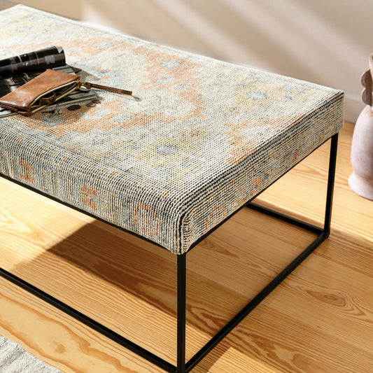 Yalova Bench by Surya in black, charcoal, peach, yellow, ice blue and powder coated. Made from top: 56% wool, top: 20% cotton, fill: 90% foam, fill: 90% polyurethane foam, base: metal, frame: metal in a modern style.